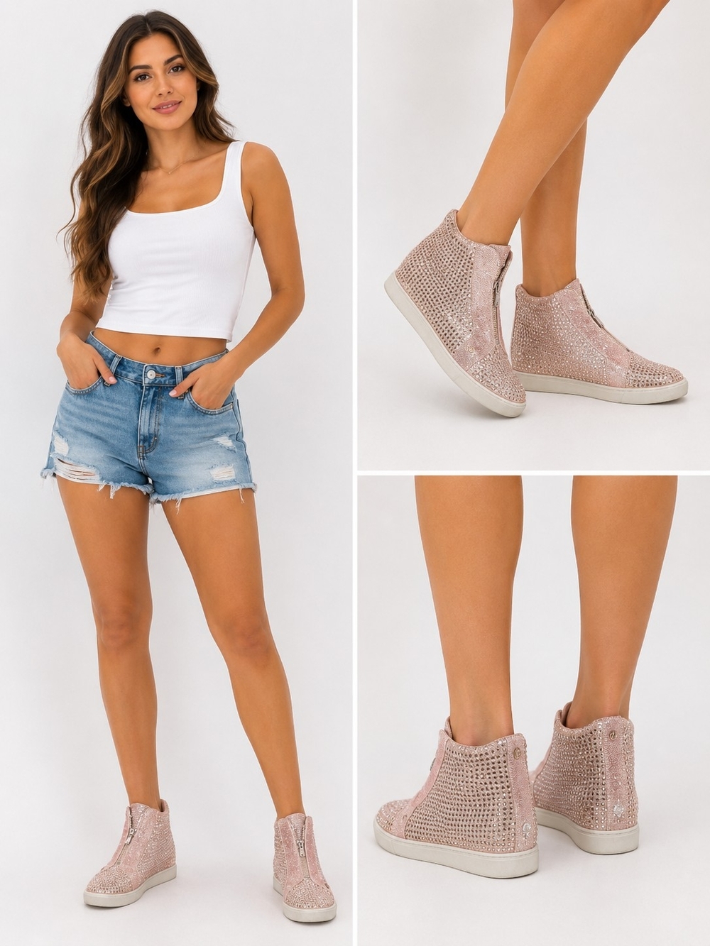 Rhinestone Zip Wedge Sneakers in Blush Pink - Picture 2 of 4
